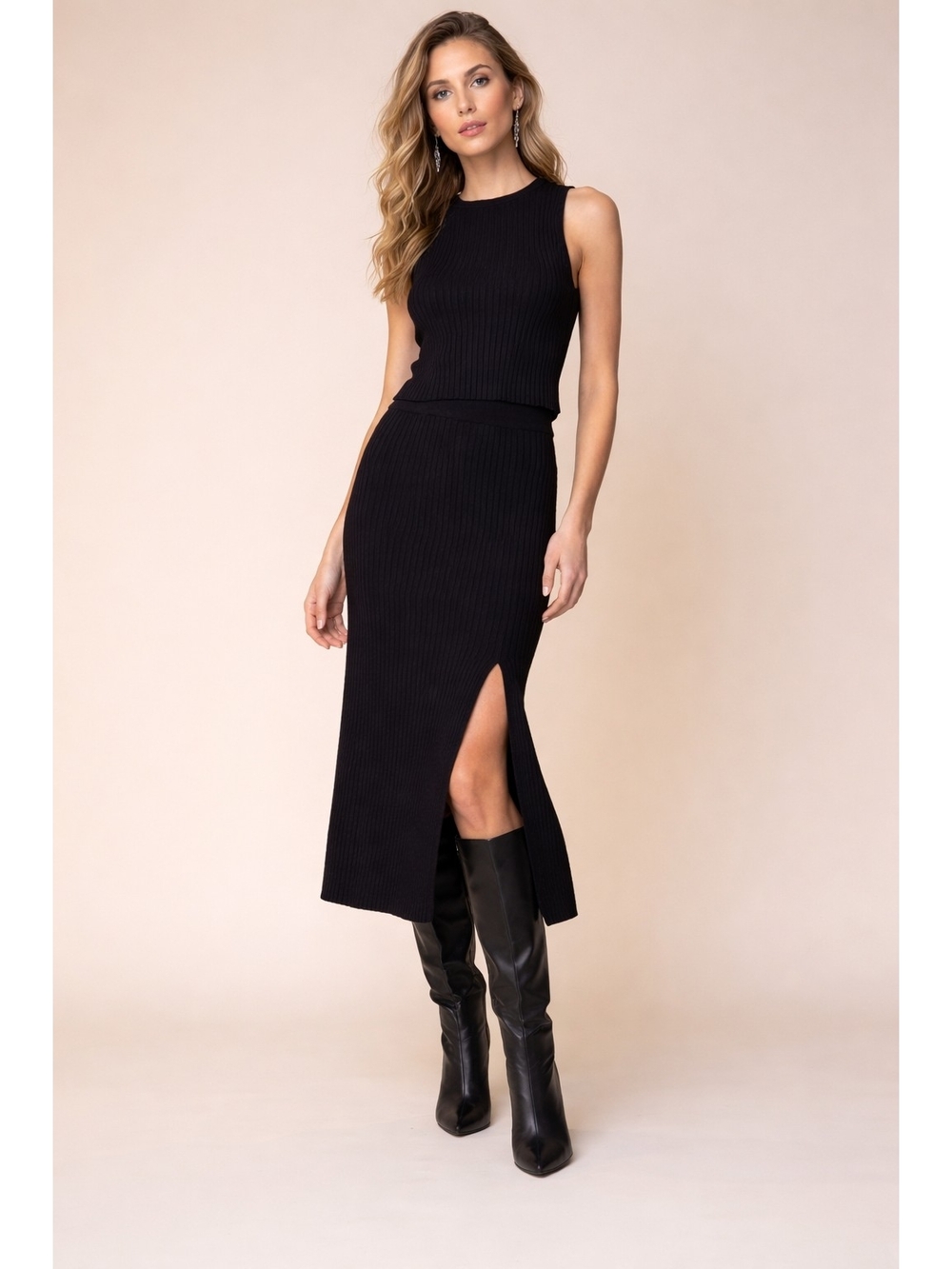 Skies Are Blue Ribbed Knit Column Midi Black Bodycon Fitted Skirt Slit Small